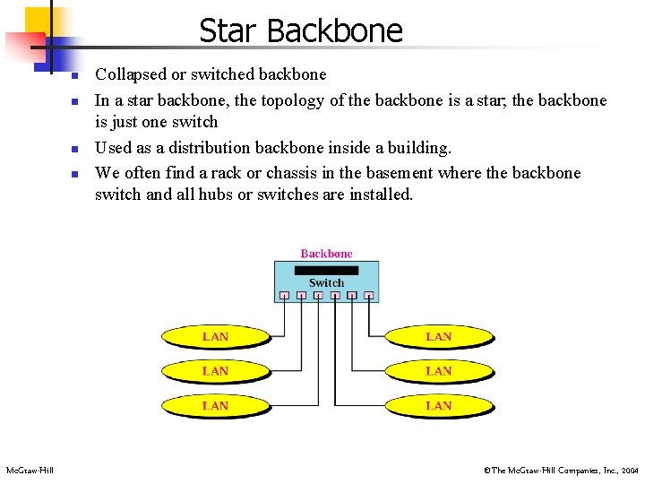 Star Backbone n n Mc. Graw-Hill Collapsed or switched backbone In a star backbone,