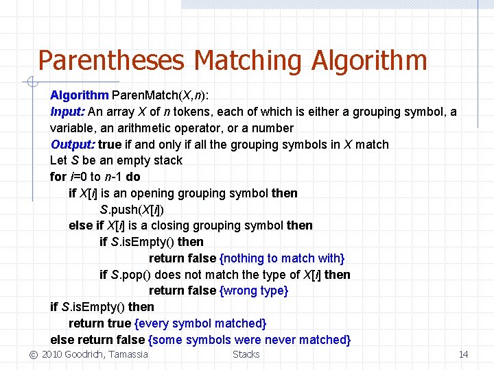 Parentheses Matching Algorithm Paren. Match(X, n): Input: An array X of n tokens, each