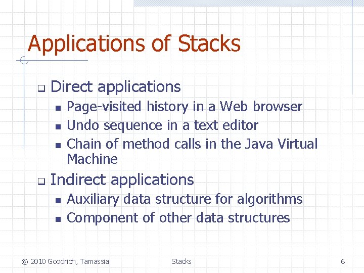 Applications of Stacks q Direct applications n n n q Page-visited history in a