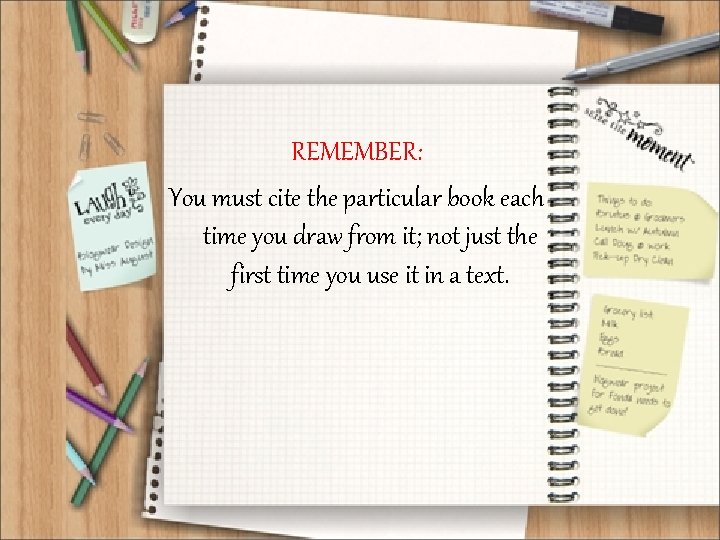 REMEMBER: You must cite the particular book each time you draw from it; not