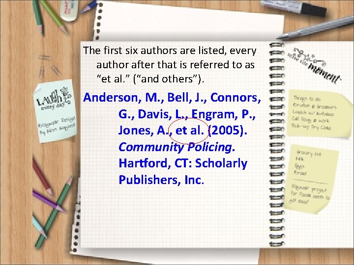 The first six authors are listed, every author after that is referred to as