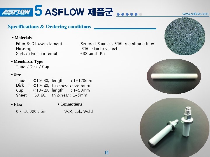 5 ASFLOW 제품군 Specifications & Ordering conditions § Materials Filter & Diffuser element Housing