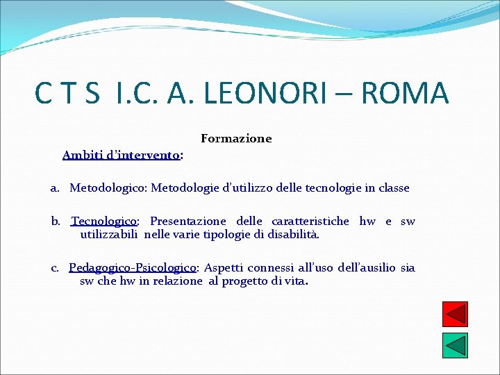 C T S I. C. A. LEONORI – ROMA Formazione Ambiti d’intervento: a. Metodologico: