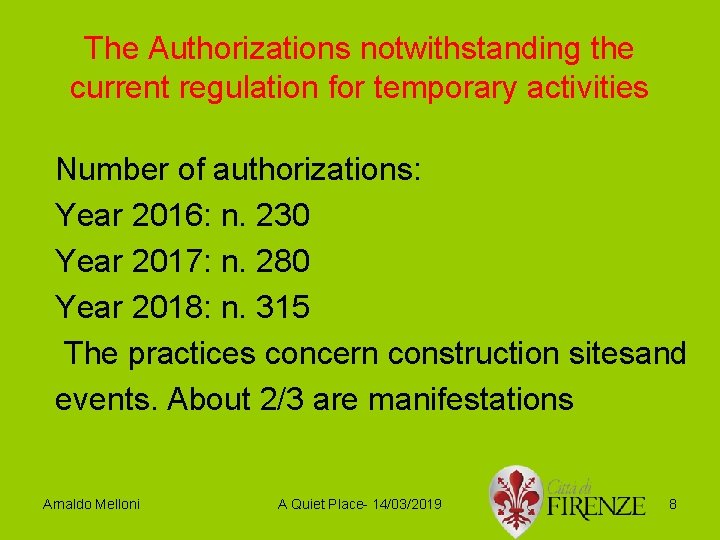 The Authorizations notwithstanding the current regulation for temporary activities Number of authorizations: Year 2016: