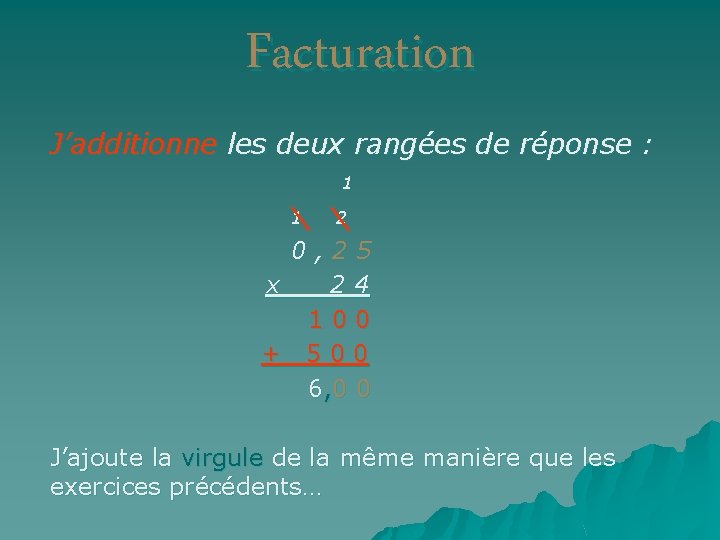 Facturation J’additionne les deux rangées de réponse : 1 1 2 0, 25 x