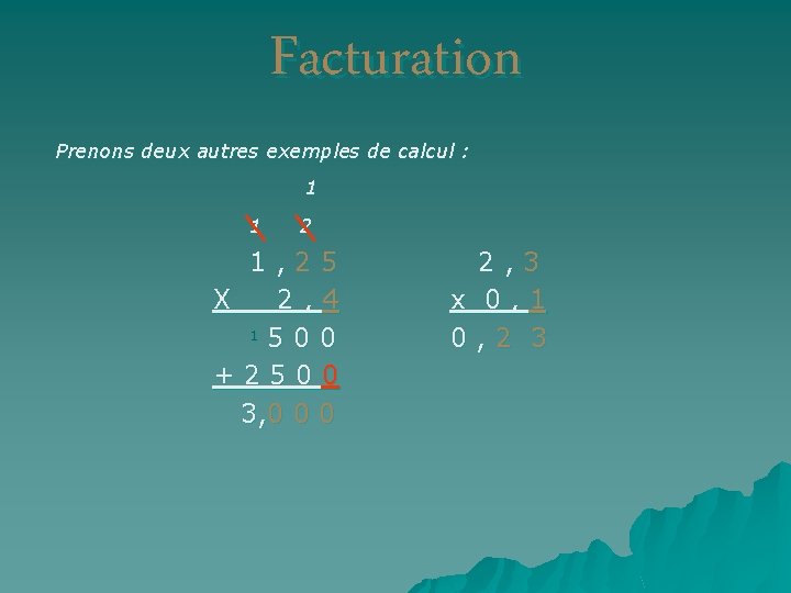 Facturation Prenons deux autres exemples de calcul : 1 1 2 1, 25 X