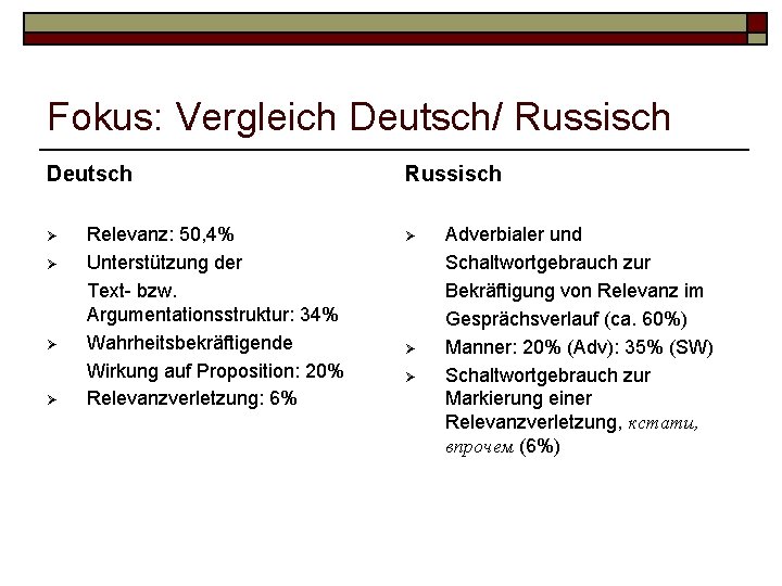 Fokus: Vergleich Deutsch/ Russisch Deutsch Ø Ø Relevanz: 50, 4% Unterstützung der Text- bzw.