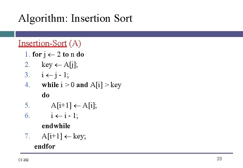 Algorithm: Insertion Sort Insertion-Sort (A) 1. for j 2 to n do 2. key