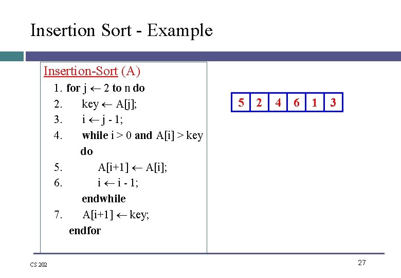 Insertion Sort - Example Insertion-Sort (A) 1. for j 2 to n do 2.