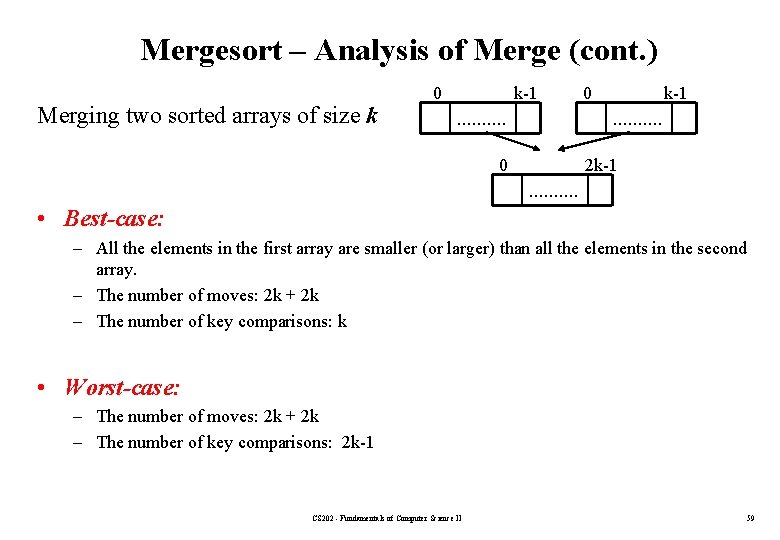 Mergesort – Analysis of Merge (cont. ) Merging two sorted arrays of size k