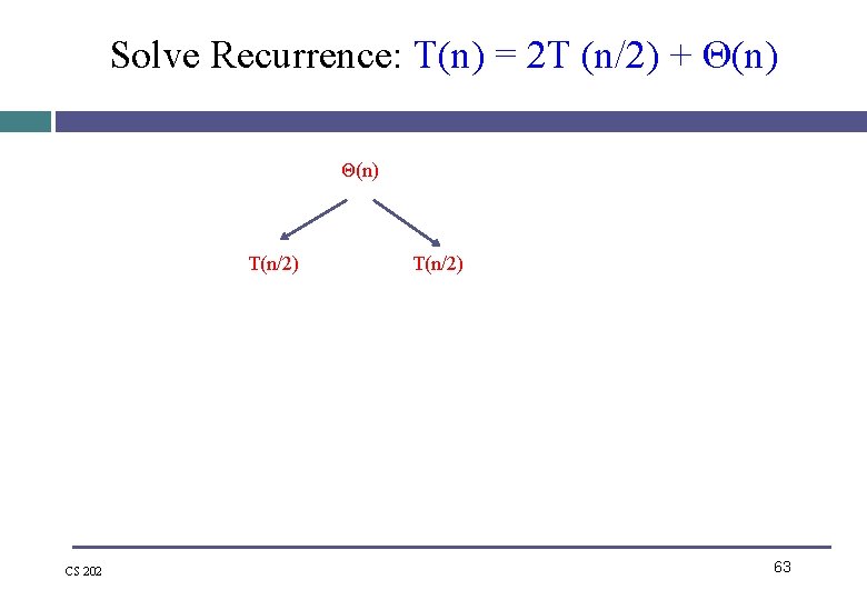 Solve Recurrence: T(n) = 2 T (n/2) + Θ(n) T(n/2) CS 202 T(n/2) 63