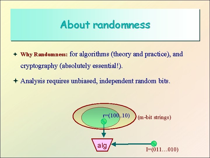 About randomness ª Why Randomness: for algorithms (theory and practice), and cryptography (absolutely essential!).