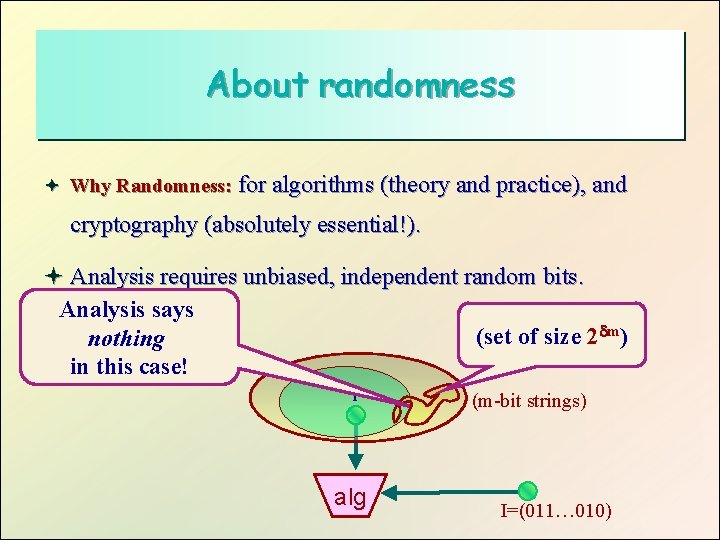 About randomness ª Why Randomness: for algorithms (theory and practice), and cryptography (absolutely essential!).