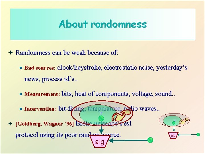 About randomness ª Randomness can be weak because of: Bad sources: clock/keystroke, electrostatic noise,