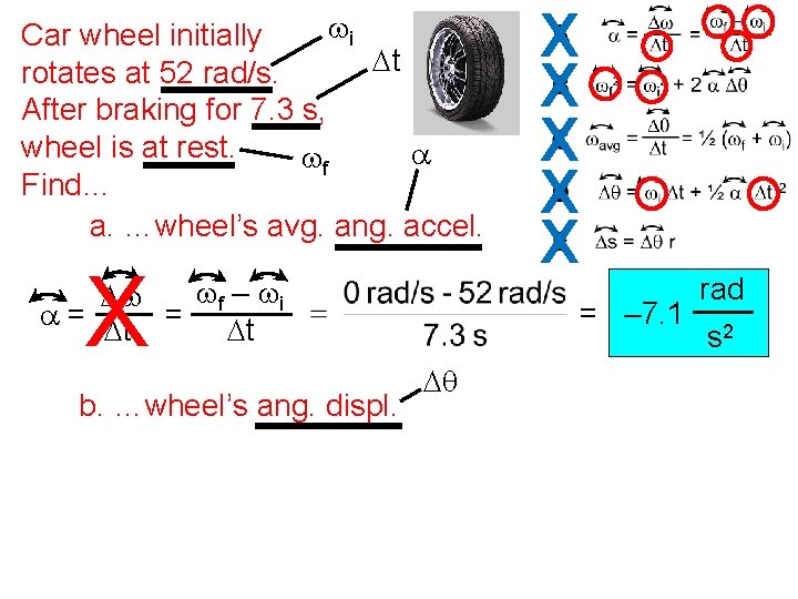 wi Car wheel initially Dt rotates at 52 rad/s. After braking for 7. 3