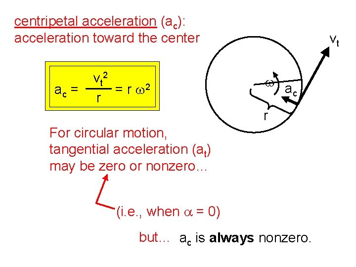 centripetal acceleration (ac): acceleration toward the center ac = vt 2 = r w