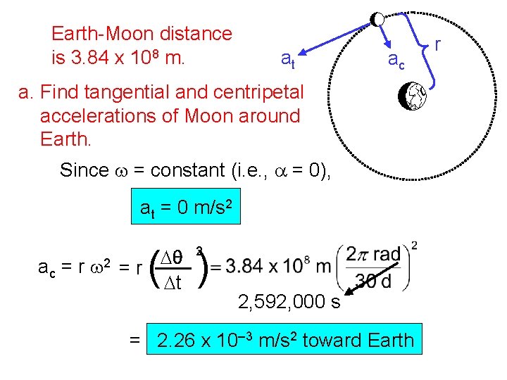 Earth-Moon distance is 3. 84 x 108 m. at ac a. Find tangential and