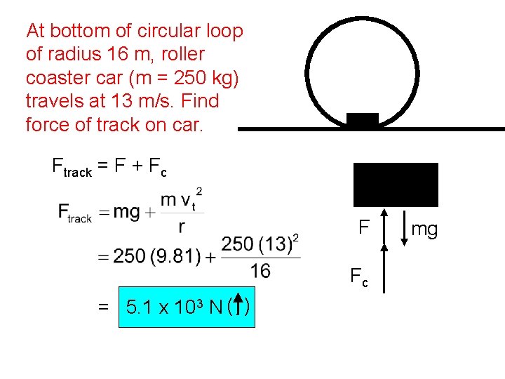 At bottom of circular loop of radius 16 m, roller coaster car (m =