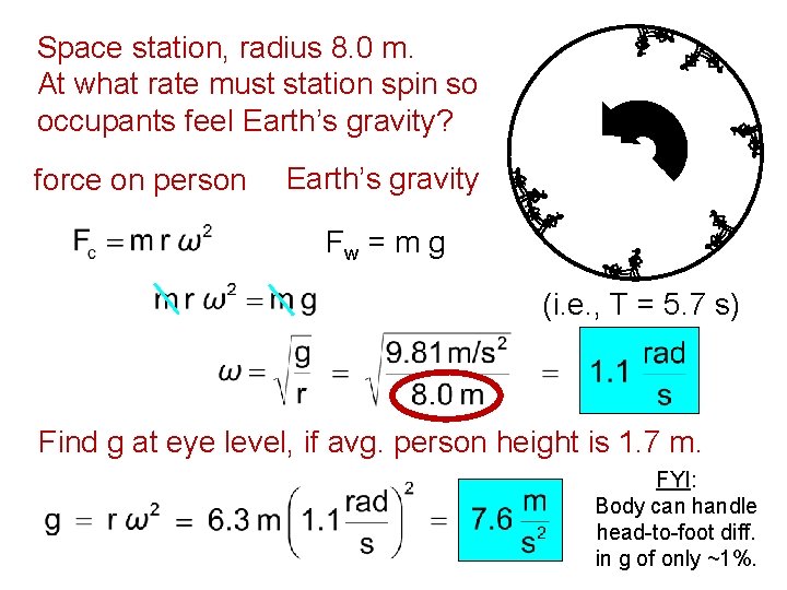 Space station, radius 8. 0 m. At what rate must station spin so occupants