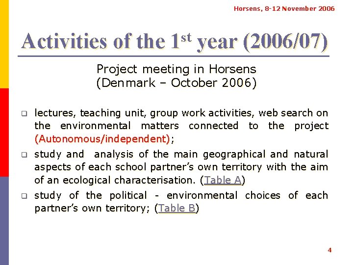Horsens, 8 -12 November 2006 Activities of the 1 st year (2006/07) Project meeting
