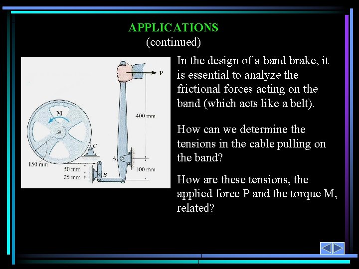 APPLICATIONS (continued) In the design of a band brake, it is essential to analyze