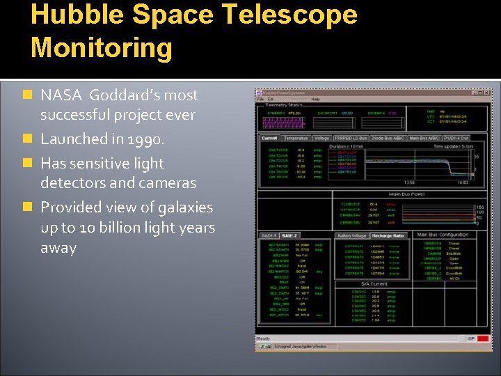 Hubble Space Telescope Monitoring n NASA Goddard’s most successful project ever n Launched in