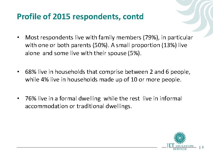 Profile of 2015 respondents, contd • Most respondents live with family members (79%), in