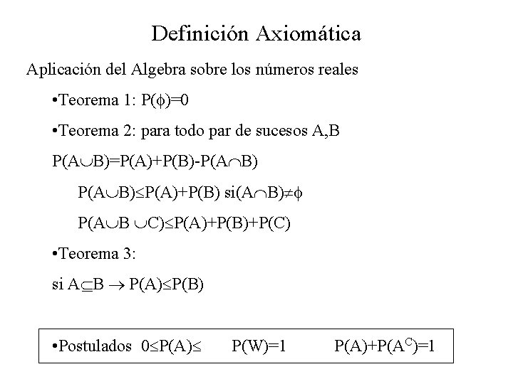 Definición Axiomática Aplicación del Algebra sobre los números reales • Teorema 1: P( )=0