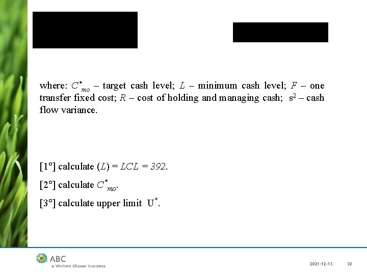 where: C*mo – target cash level; L – minimum cash level; F – one