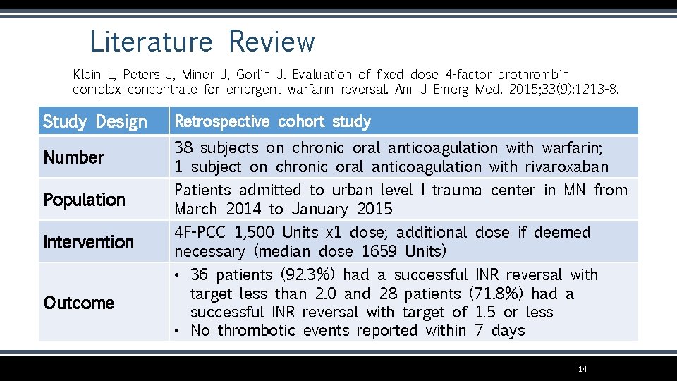 Literature Review Klein L, Peters J, Miner J, Gorlin J. Evaluation of fixed dose