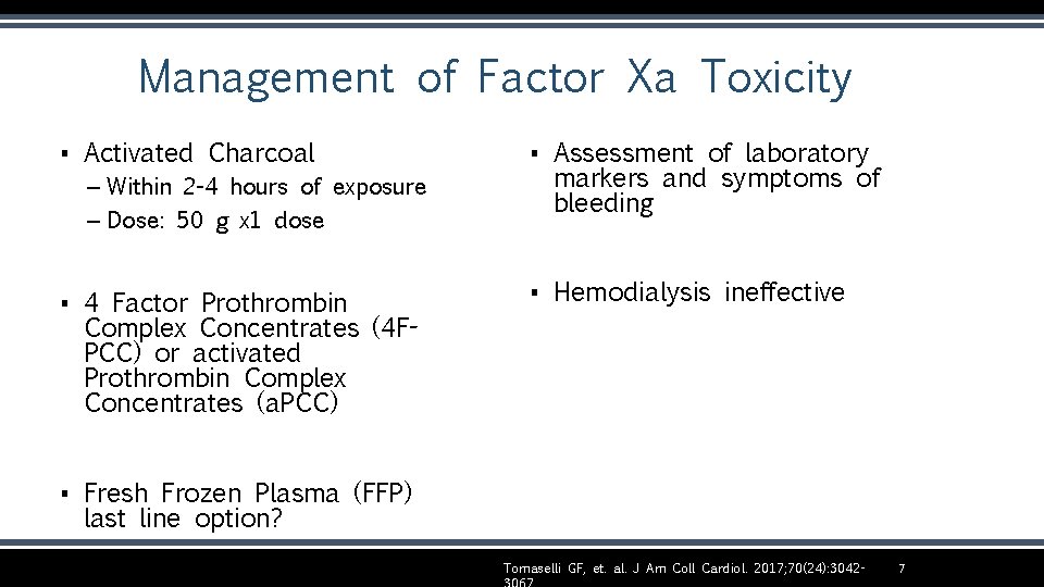 Management of Factor Xa Toxicity ▪ Activated Charcoal – Within 2 -4 hours of