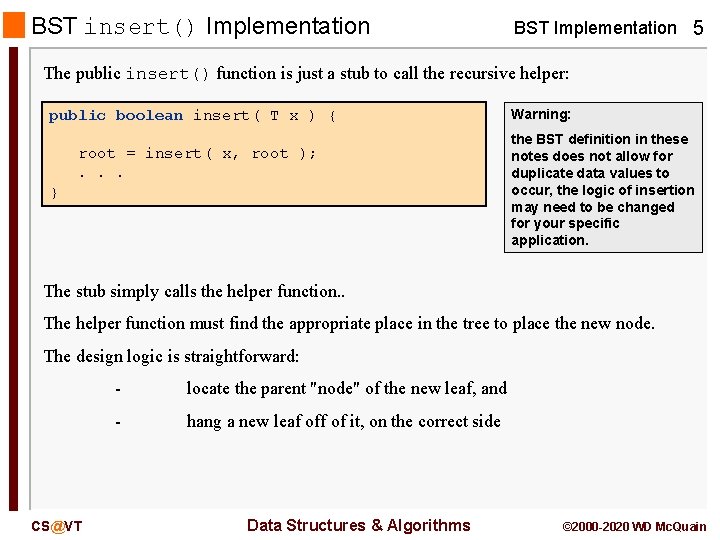 BST insert() Implementation BST Implementation 5 The public insert() function is just a stub BST insert() Implementation BST Implementation 5 The public insert() function is just a stub