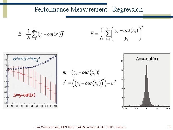 Performance Measurement - Regression s²=<D>²+s. D² D=y-out(x) Jens Zimmermann, MPI für Physik München, ACAT