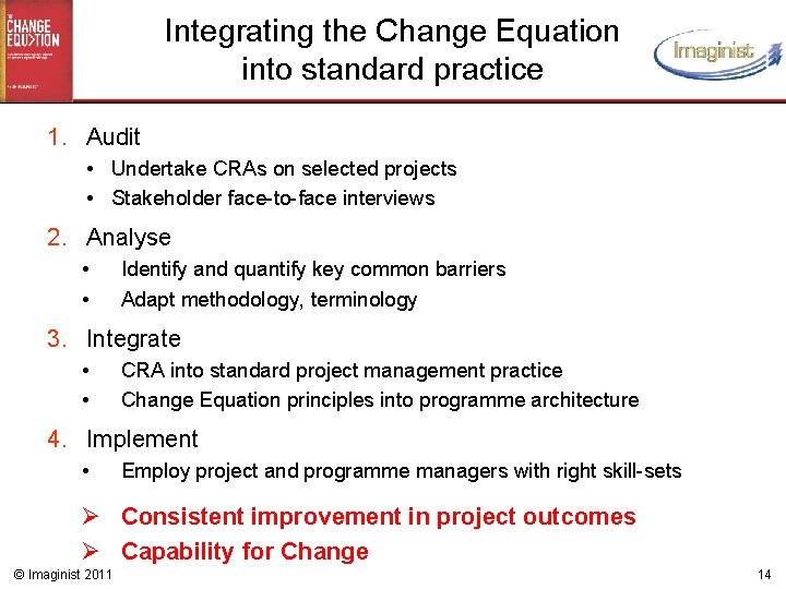 Integrating the Change Equation into standard practice 1. Audit • Undertake CRAs on selected