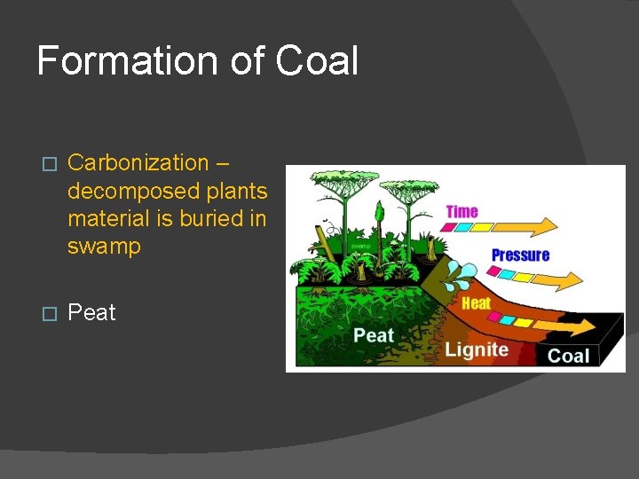 Formation of Coal � Carbonization – decomposed plants material is buried in swamp �