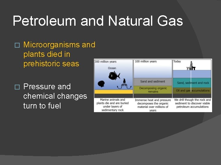 Petroleum and Natural Gas � Microorganisms and plants died in prehistoric seas � Pressure