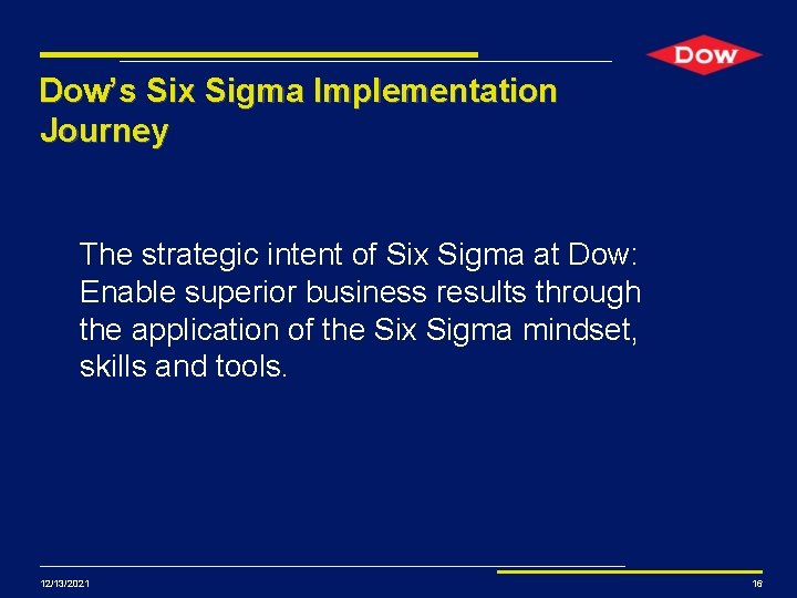 Dow’s Six Sigma Implementation Journey The strategic intent of Six Sigma at Dow: Enable Dow’s Six Sigma Implementation Journey The strategic intent of Six Sigma at Dow: Enable