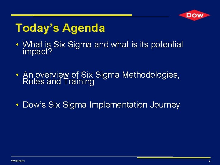 Today’s Agenda • What is Six Sigma and what is its potential impact? • Today’s Agenda • What is Six Sigma and what is its potential impact? •