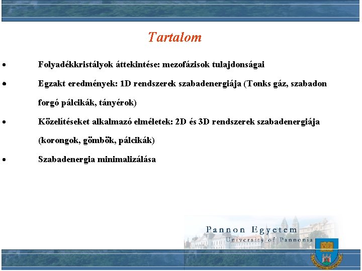 Tartalom · Folyadékkristályok áttekintése: mezofázisok tulajdonságai Egzakt eredmények: 1 D rendszerek szabadenergiája (Tonks gáz,