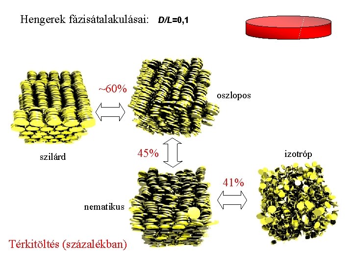 Hengerek fázisátalakulásai: D/L=0, 1 ~60% oszlopos 45% szilárd izotróp 41% nematikus Térkitöltés (százalékban) 