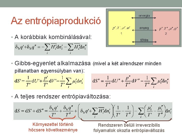 Az entrópiaprodukció • A korábbiak kombinálásával: • Gibbs-egyenlet alkalmazása (mivel a két alrendszer minden