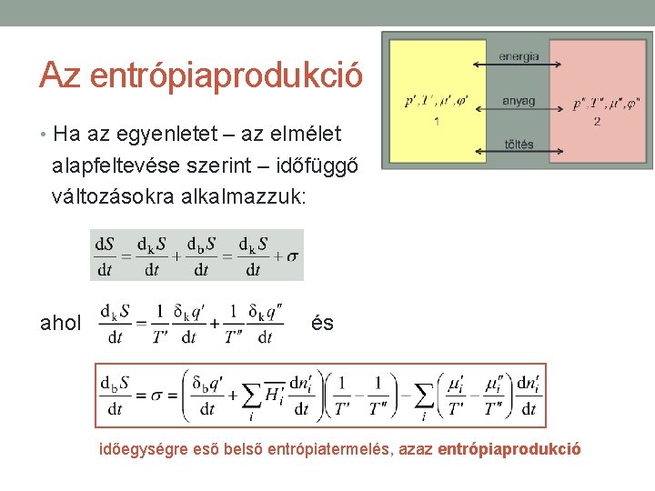 Az entrópiaprodukció • Ha az egyenletet – az elmélet alapfeltevése szerint – időfüggő változásokra