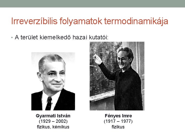 Irreverzíbilis folyamatok termodinamikája • A terület kiemelkedő hazai kutatói: Gyarmati István (1929 – 2002)