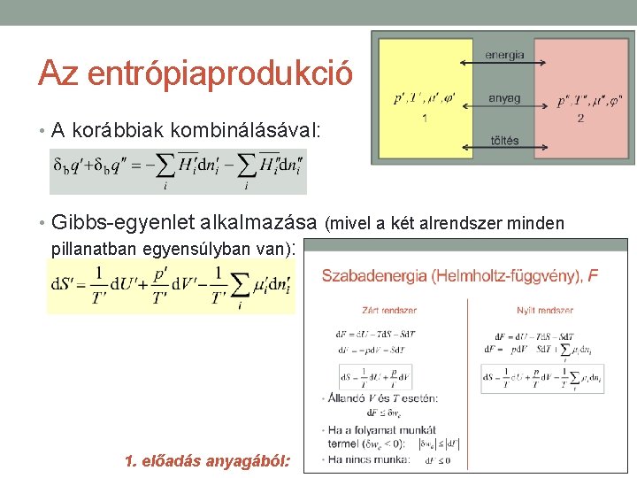 Az entrópiaprodukció • A korábbiak kombinálásával: • Gibbs-egyenlet alkalmazása (mivel a két alrendszer minden
