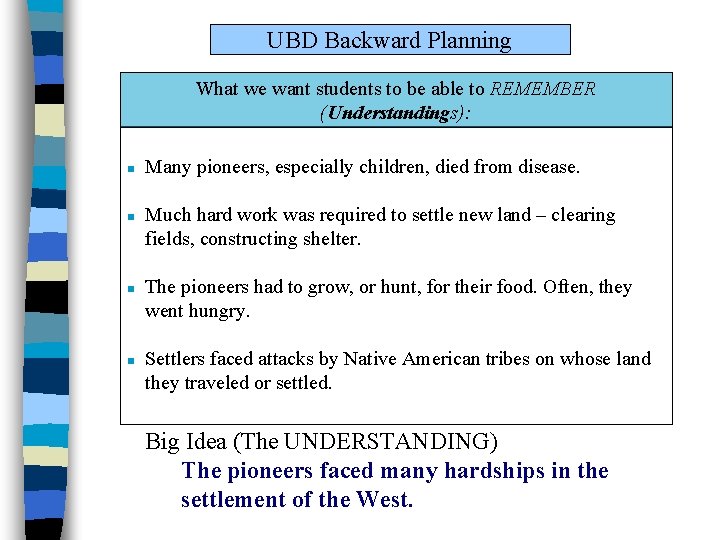 UBD Backward Planning What we want students to be able to REMEMBER (Understandings): n