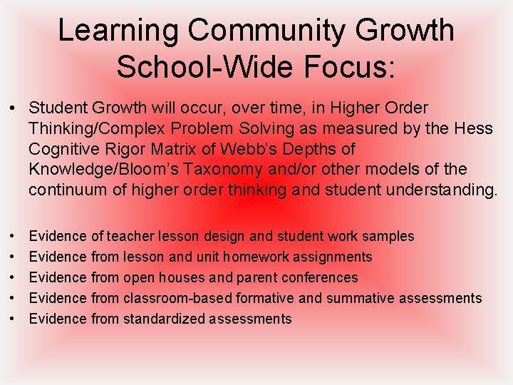 Learning Community Growth School-Wide Focus: • Student Growth will occur, over time, in Higher