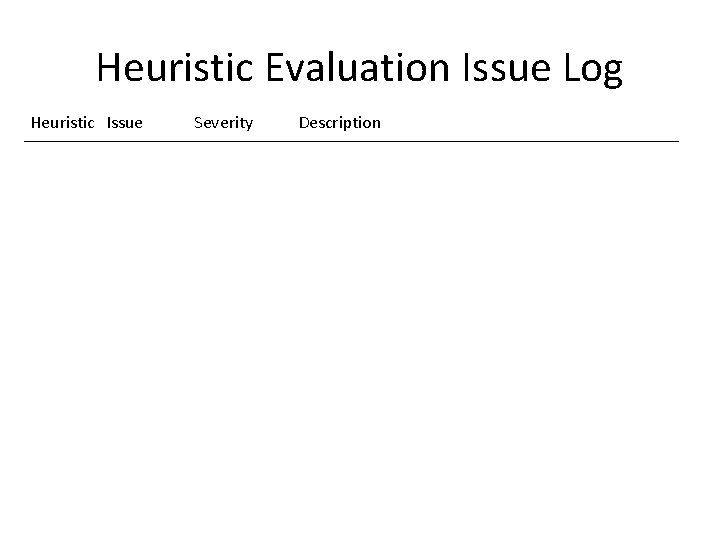 Heuristic Evaluation Issue Log Heuristic Issue Severity Description 