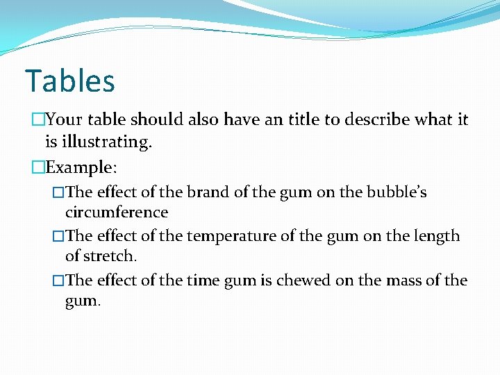 Tables �Your table should also have an title to describe what it is illustrating.