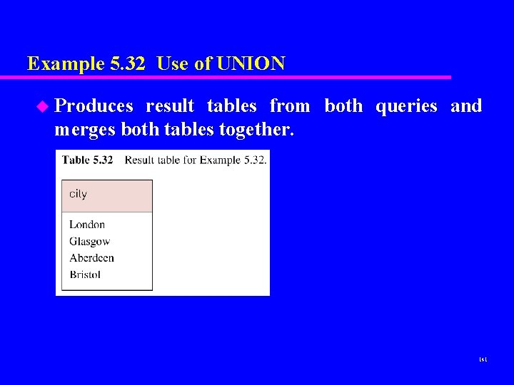Example 5. 32 Use of UNION u Produces result tables from both queries and