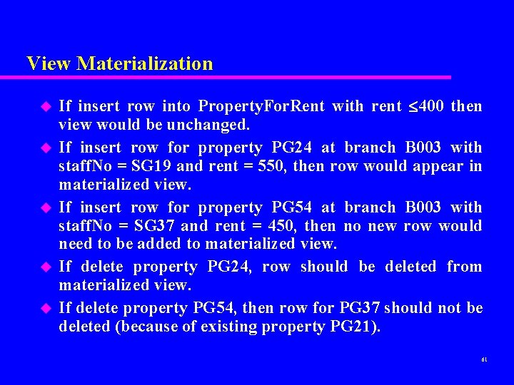 View Materialization u u u If insert row into Property. For. Rent with rent